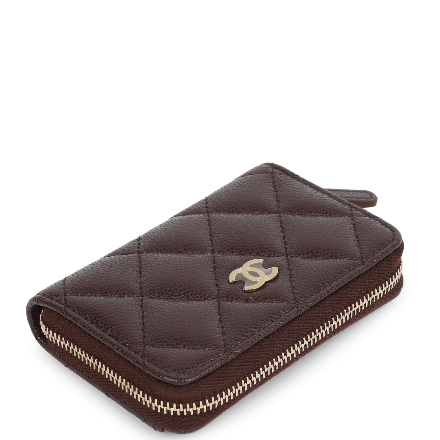 Chanel Classic Zipped Coin Purse Wallet Dark Brown Shiny Caviar Light Gold Hardware