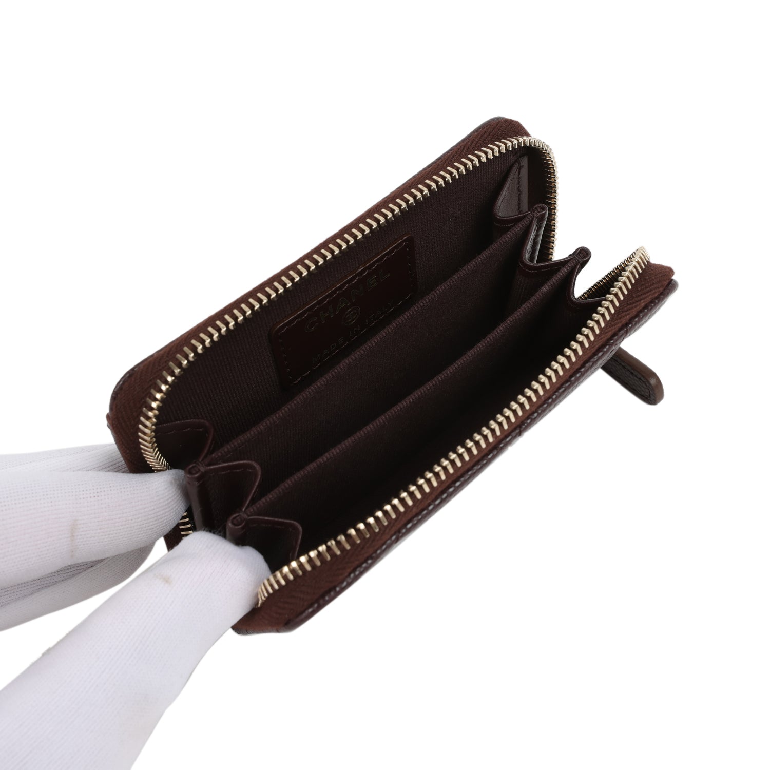 Chanel Classic Zipped Coin Purse Wallet Dark Brown Shiny Caviar Light Gold Hardware
