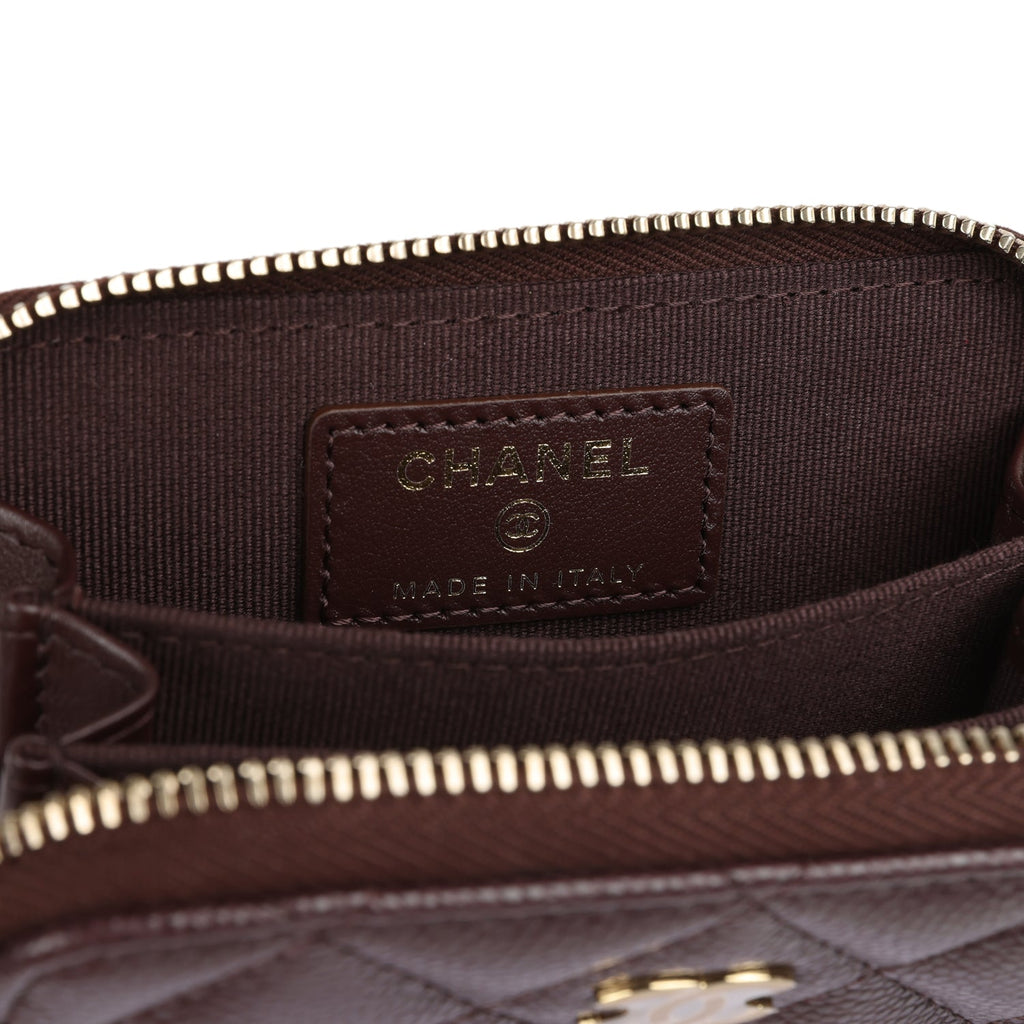 Chanel Classic Zipped Coin Purse Wallet Dark Brown Shiny Caviar Light Gold Hardware