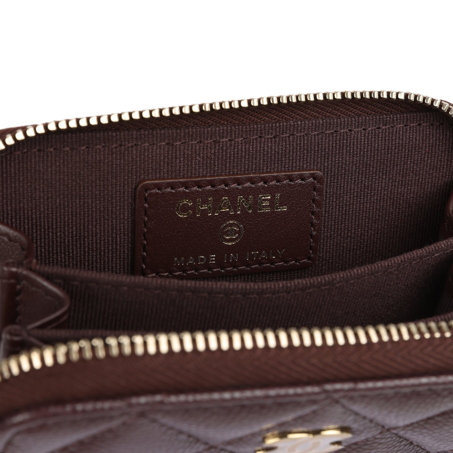 Chanel Classic Zipped Coin Purse Wallet Dark Brown Shiny Caviar Light Gold Hardware