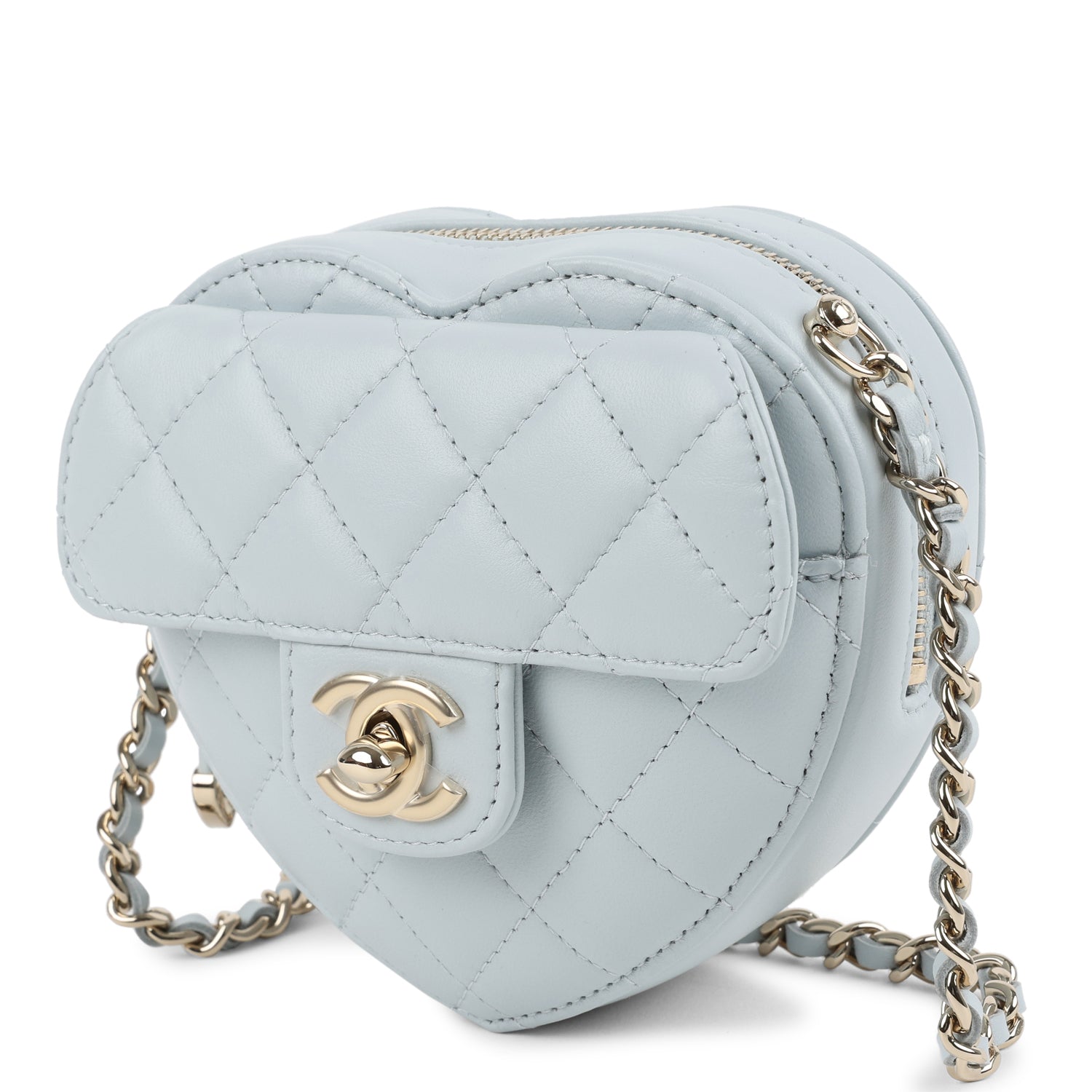Chanel CC In Love Small Heart Bag with Chain Light Blue Lambskin Light Gold Hardware