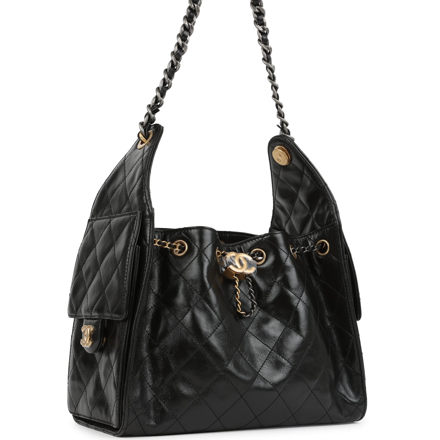 Chanel Small 25 Hobo Bag Black Shiny Crumpled Calfskin Mixed Metal Hardware