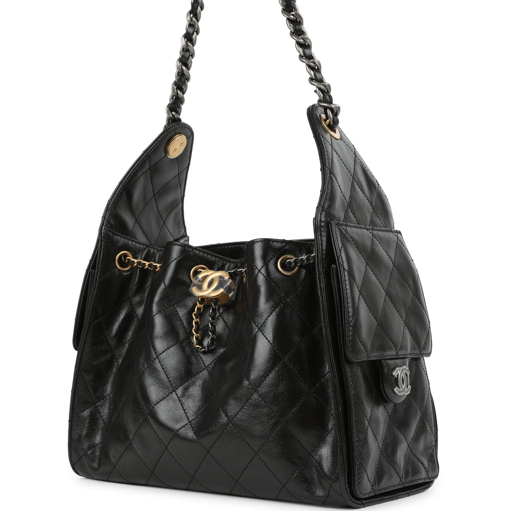 Chanel Small 25 Hobo Bag Black Shiny Crumpled Calfskin Mixed Metal Hardware
