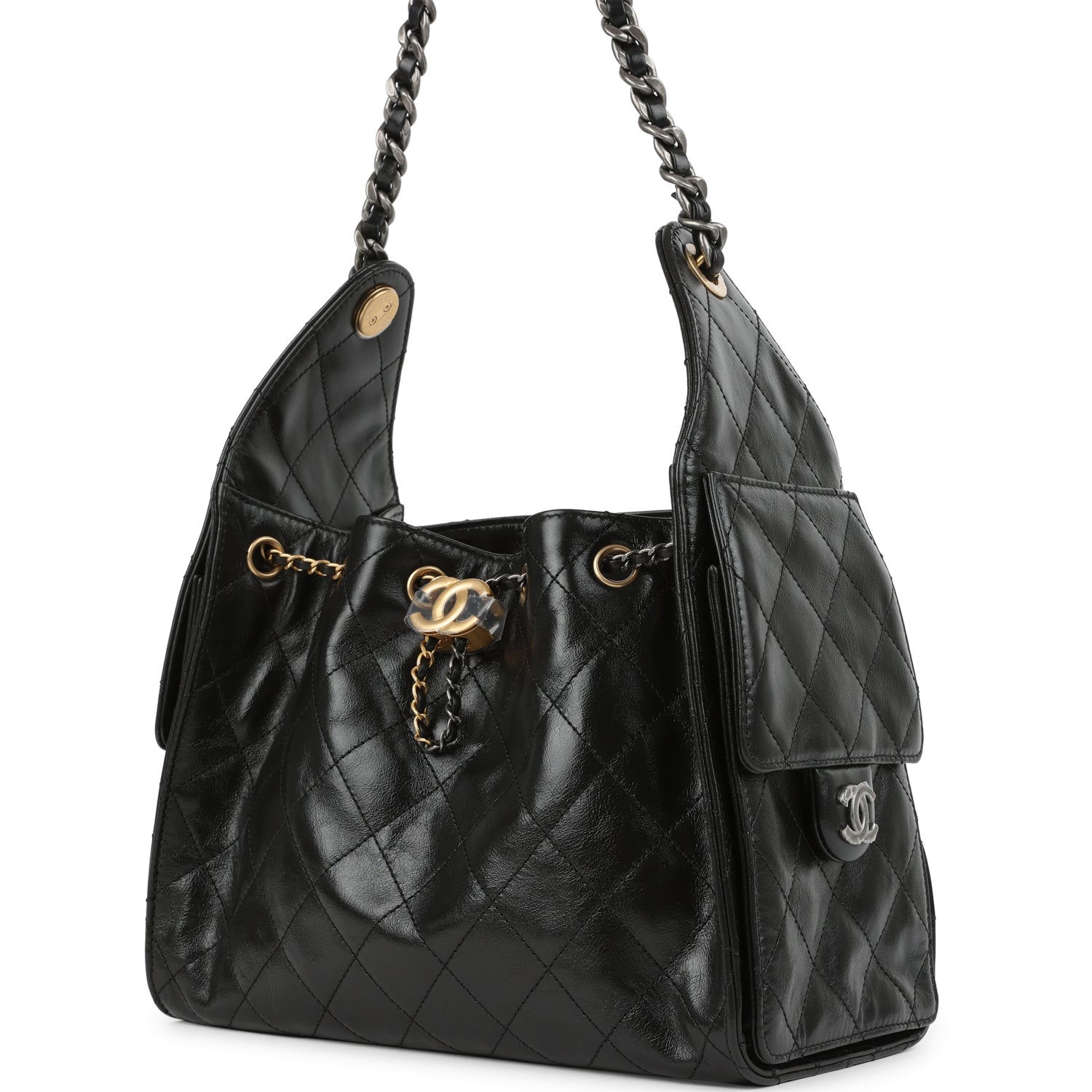 Chanel Small 25 Hobo Bag Black Shiny Crumpled Calfskin Mixed Metal Hardware