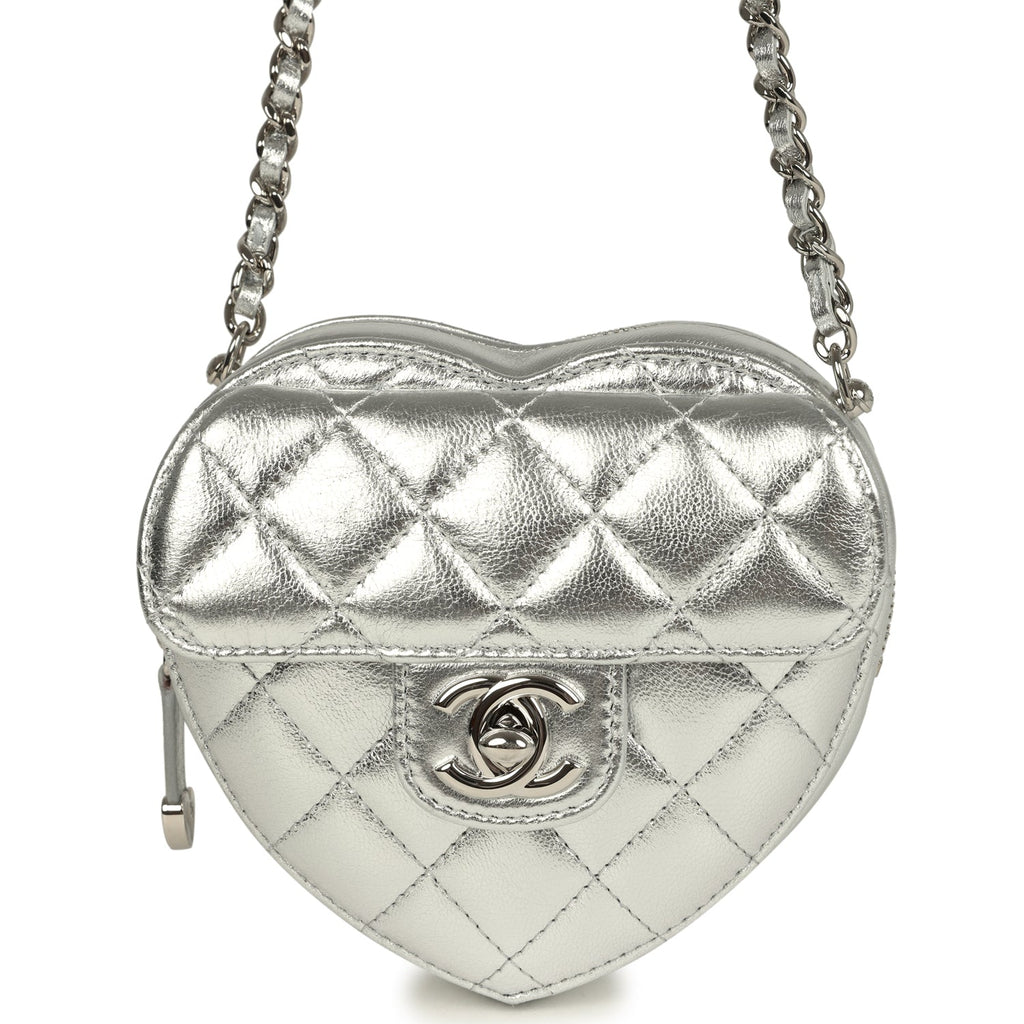 Chanel CC In Love Small Heart Bag with Chain Silver Metallic Lambskin Silver Hardware