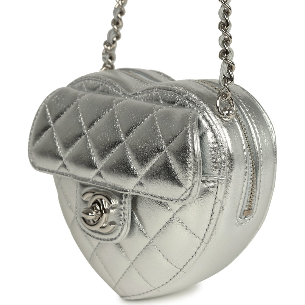 Chanel CC In Love Small Heart Bag with Chain Silver Metallic Lambskin Silver Hardware