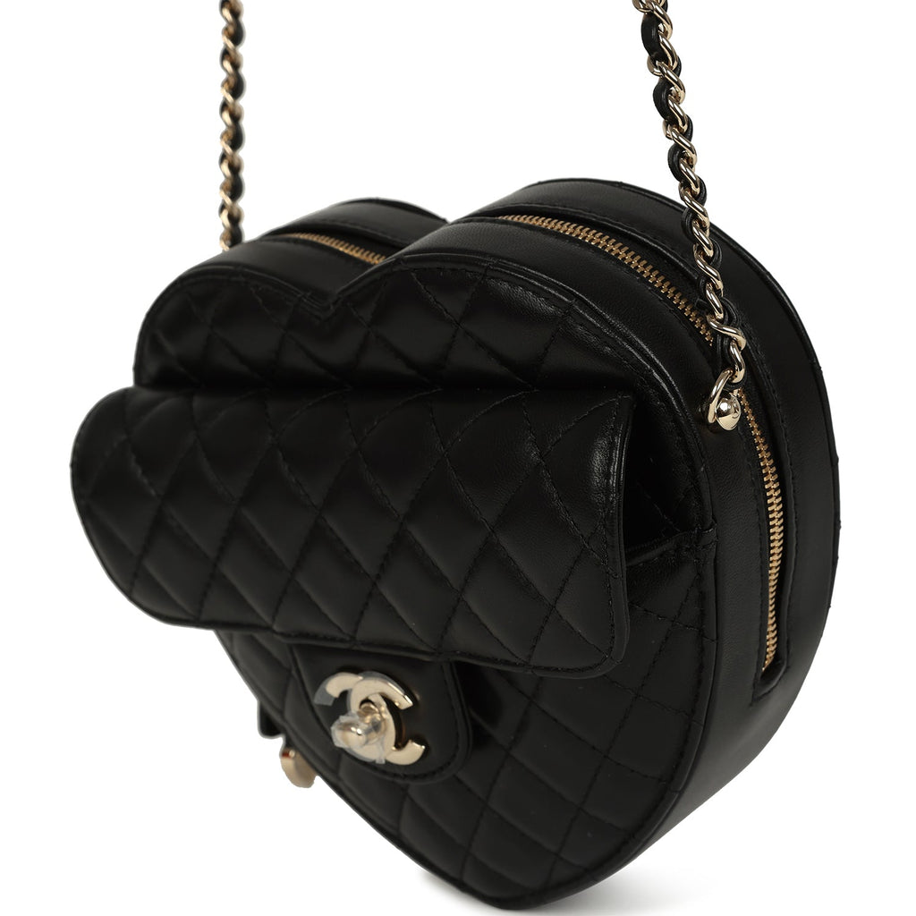 Chanel CC In Love Large Heart Bag with Chain Black Lambskin Light Gold Hardware