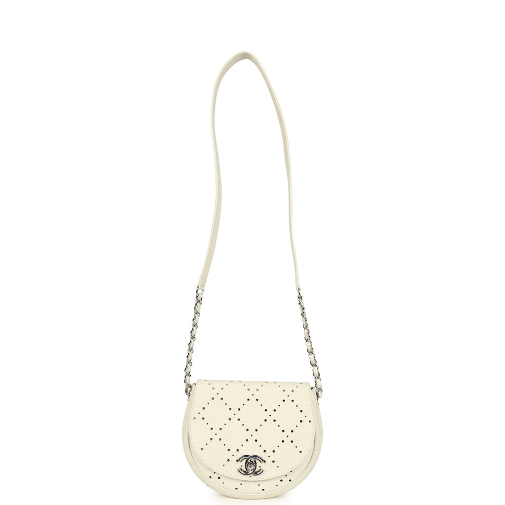 Chanel Perforated Messenger Bag White Caviar Silver Hardware