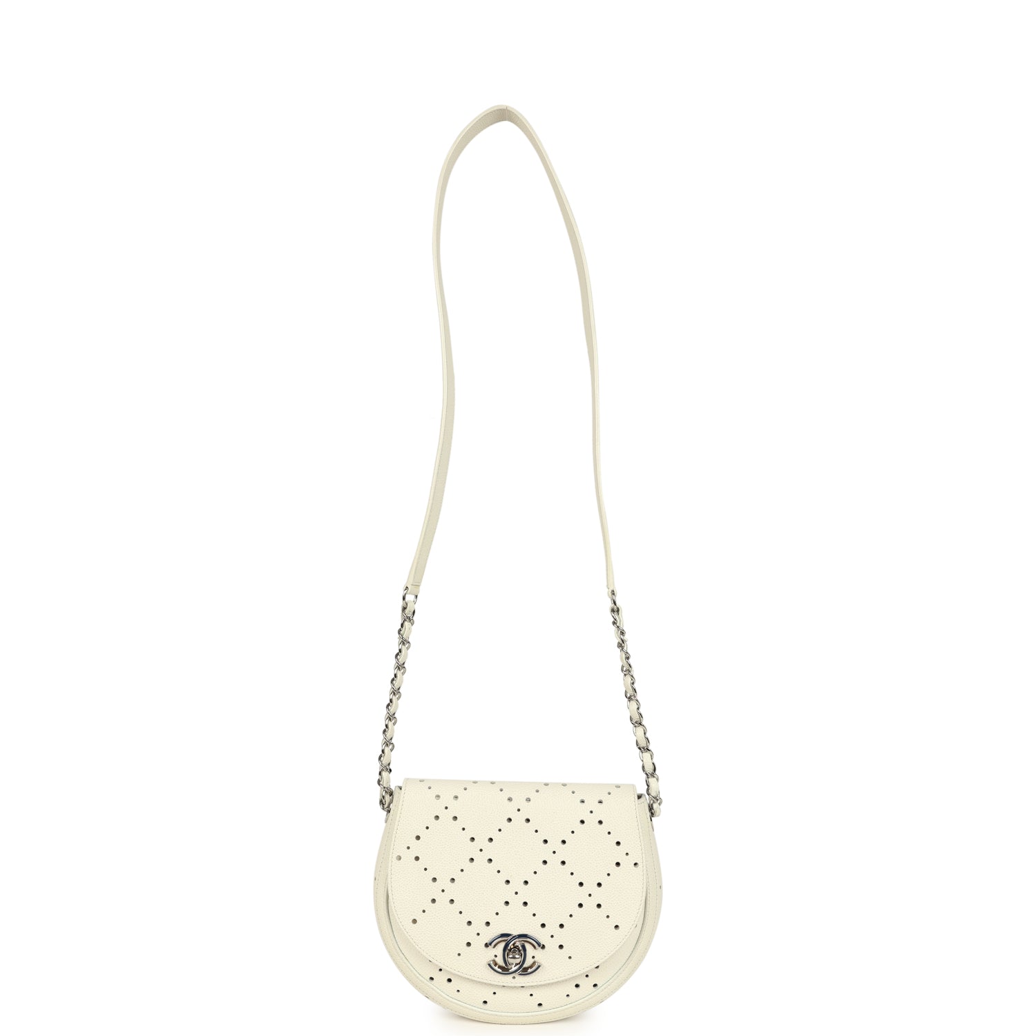 Chanel Perforated Messenger Bag White Caviar Silver Hardware