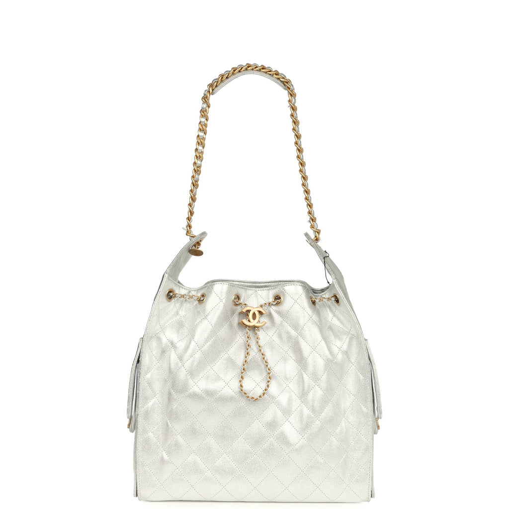 Chanel Medium 25 Hobo Bag Metallic Silver Caviar Antique Gold Hardware