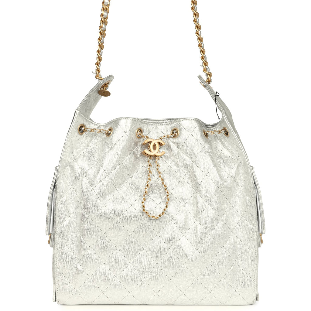 Chanel Medium 25 Hobo Bag Metallic Silver Caviar Antique Gold Hardware