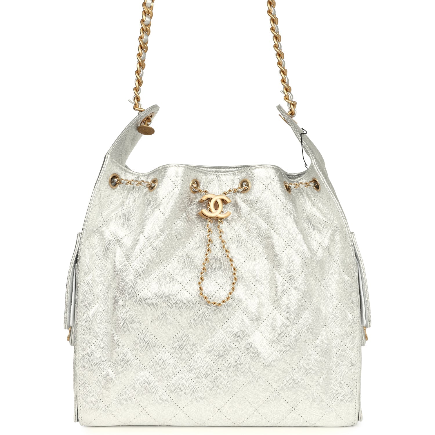 Chanel Medium 25 Hobo Bag Metallic Silver Caviar Antique Gold Hardware