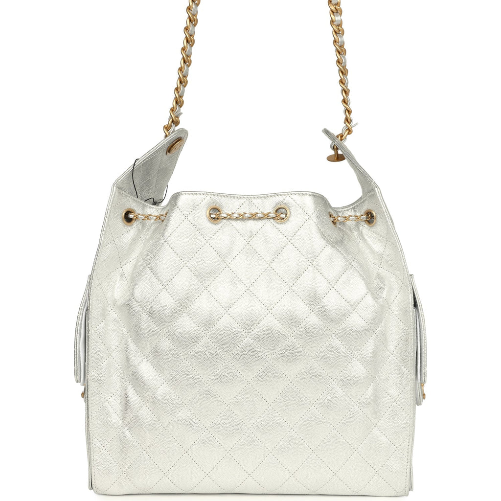 Chanel Medium 25 Hobo Bag Metallic Silver Caviar Antique Gold Hardware