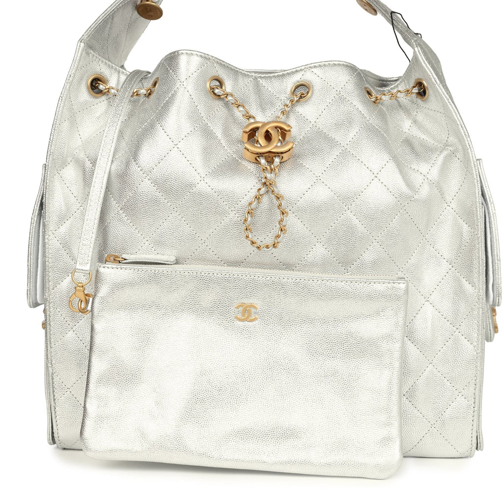 Chanel Medium 25 Hobo Bag Metallic Silver Caviar Antique Gold Hardware