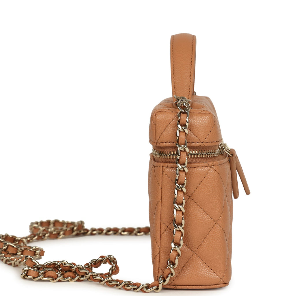 Chanel Top Handle Long Vanity Case with Chain Dark Beige Shiny Caviar Light Gold Hardware