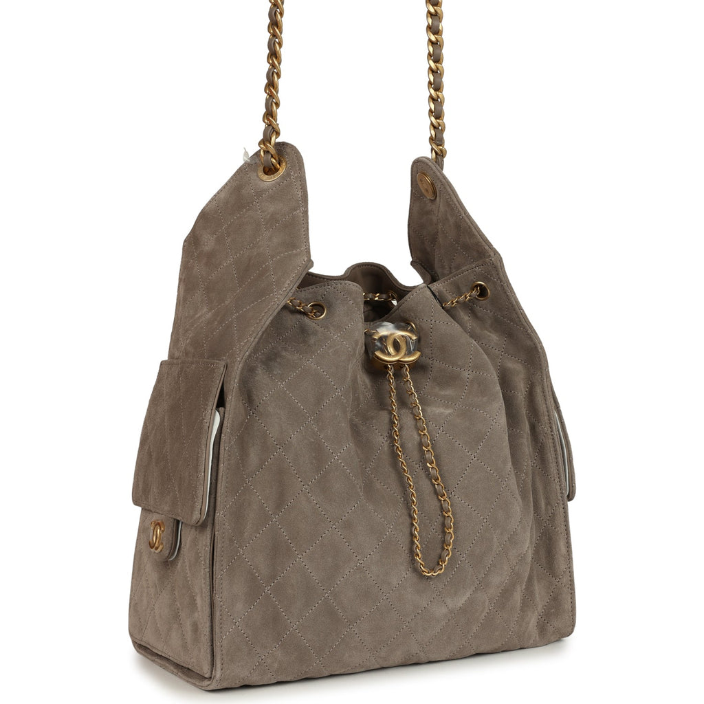 Chanel Medium 25 Hobo Bag Dark Grey Suede Antique Gold Hardware