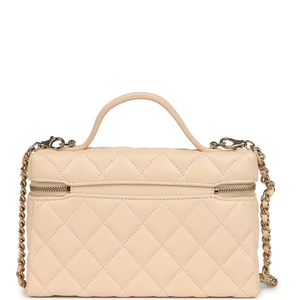 Chanel Top Handle Long Vanity Case with Chain Light Beige Shiny Caviar Light Gold Hardware