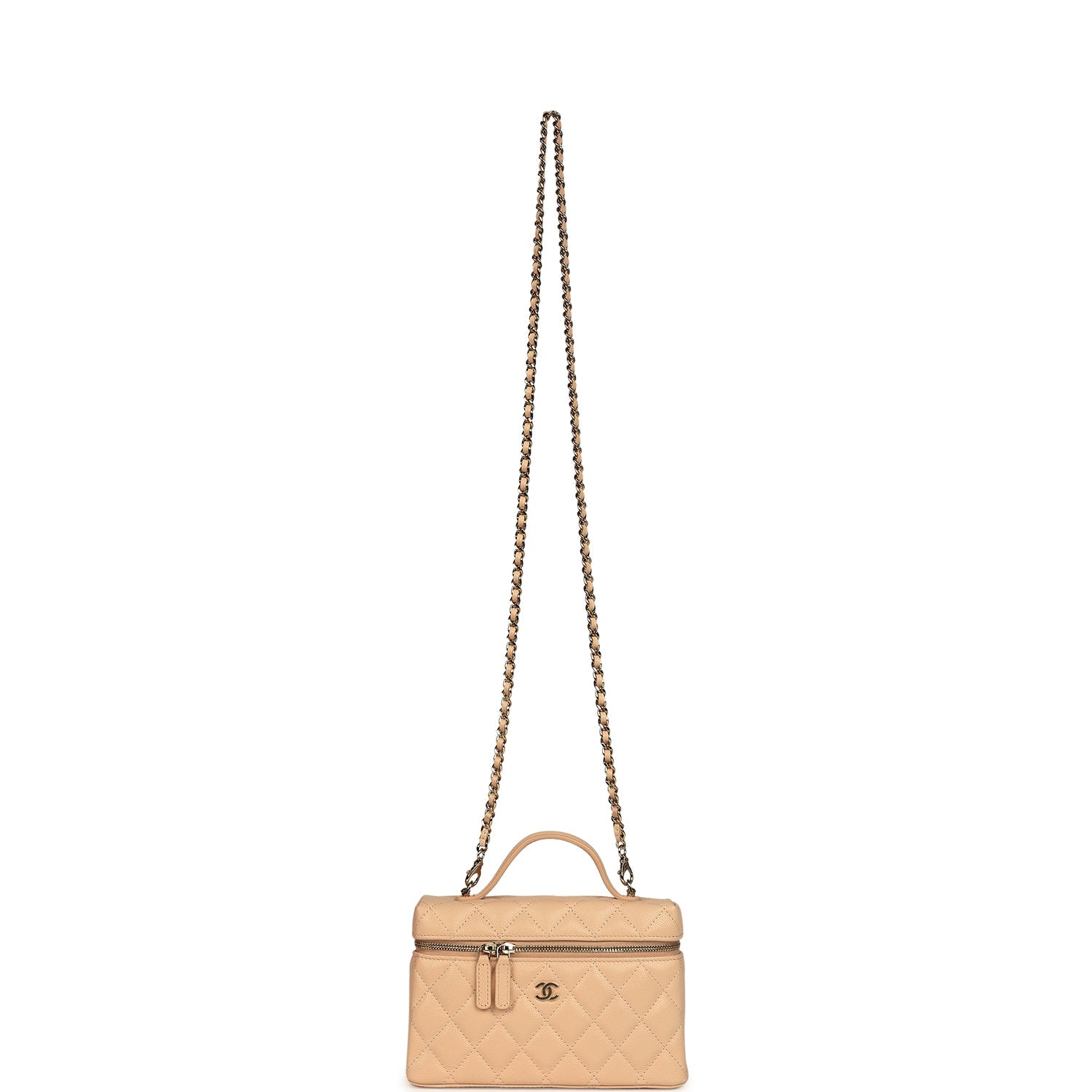 Chanel Top Handle Long Vanity Case with Chain Light Beige Shiny Caviar Light Gold Hardware