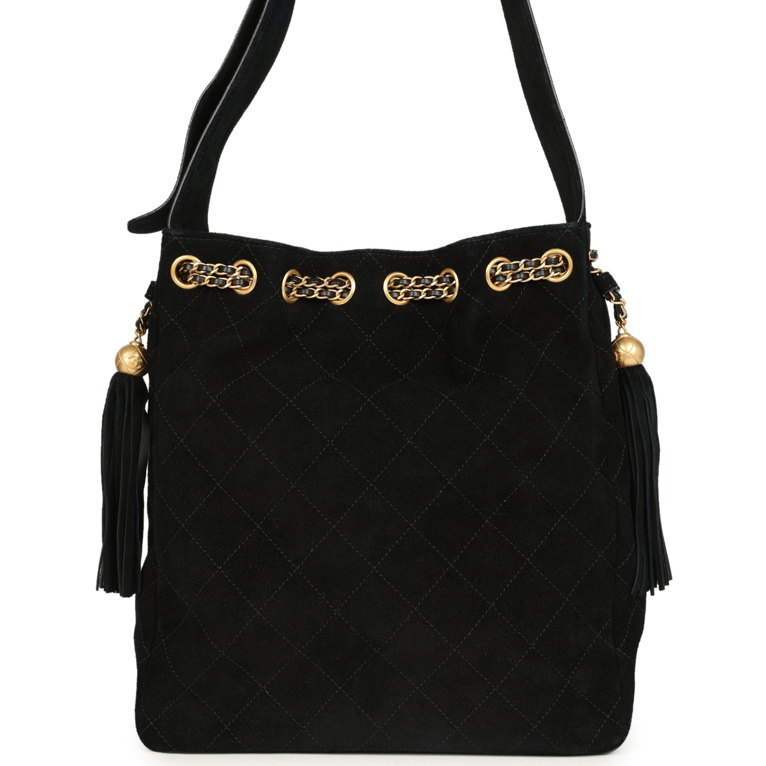 Chanel Large Drawstring Bucket Bag Black Suede Gold Hardware