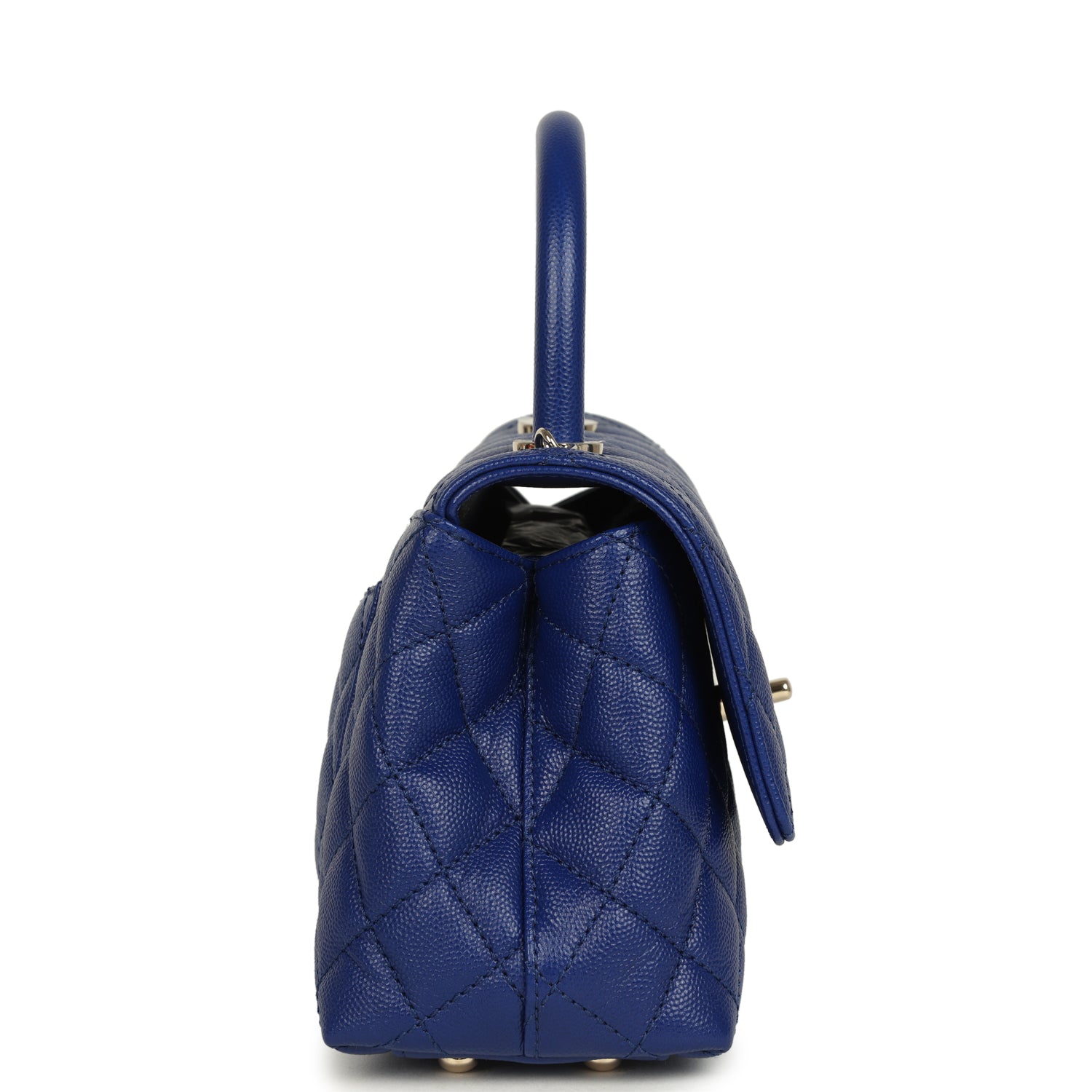 Chanel Mini Coco Top Handle Flap Bag Dark Blue Shiny Caviar Light Gold Hardware