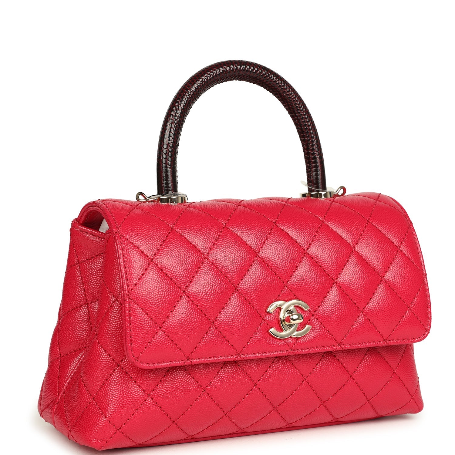 Chanel Mini Coco Top Handle Flap Bag Dark Red Shiny Caviar and Burgundy Lizard Light Gold Hardware
