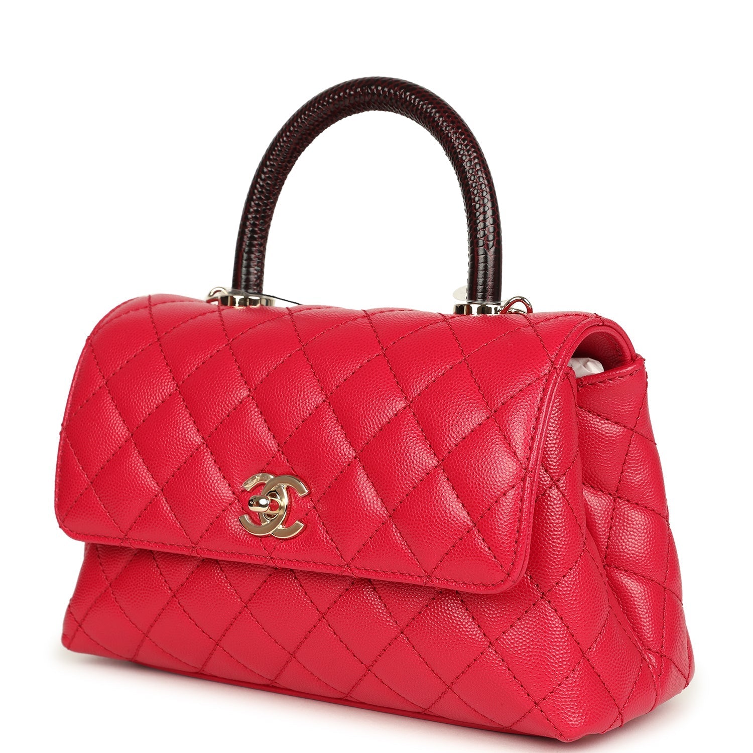 Chanel Mini Coco Top Handle Flap Bag Dark Red Shiny Caviar and Burgundy Lizard Light Gold Hardware