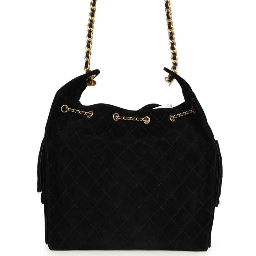 Chanel Medium 25 Hobo Bag Black Suede Antique Gold Hardware