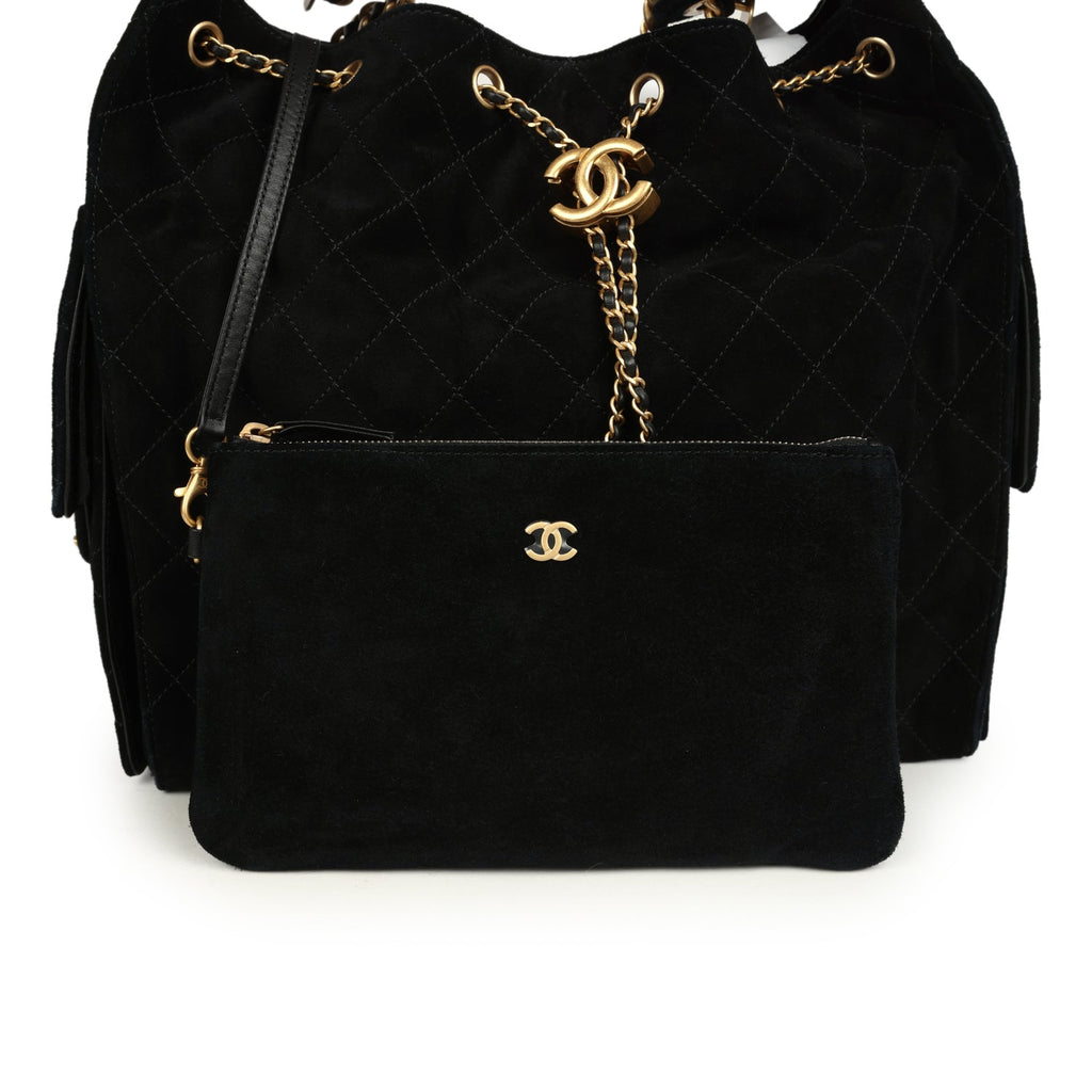 Chanel Medium 25 Hobo Bag Black Suede Antique Gold Hardware