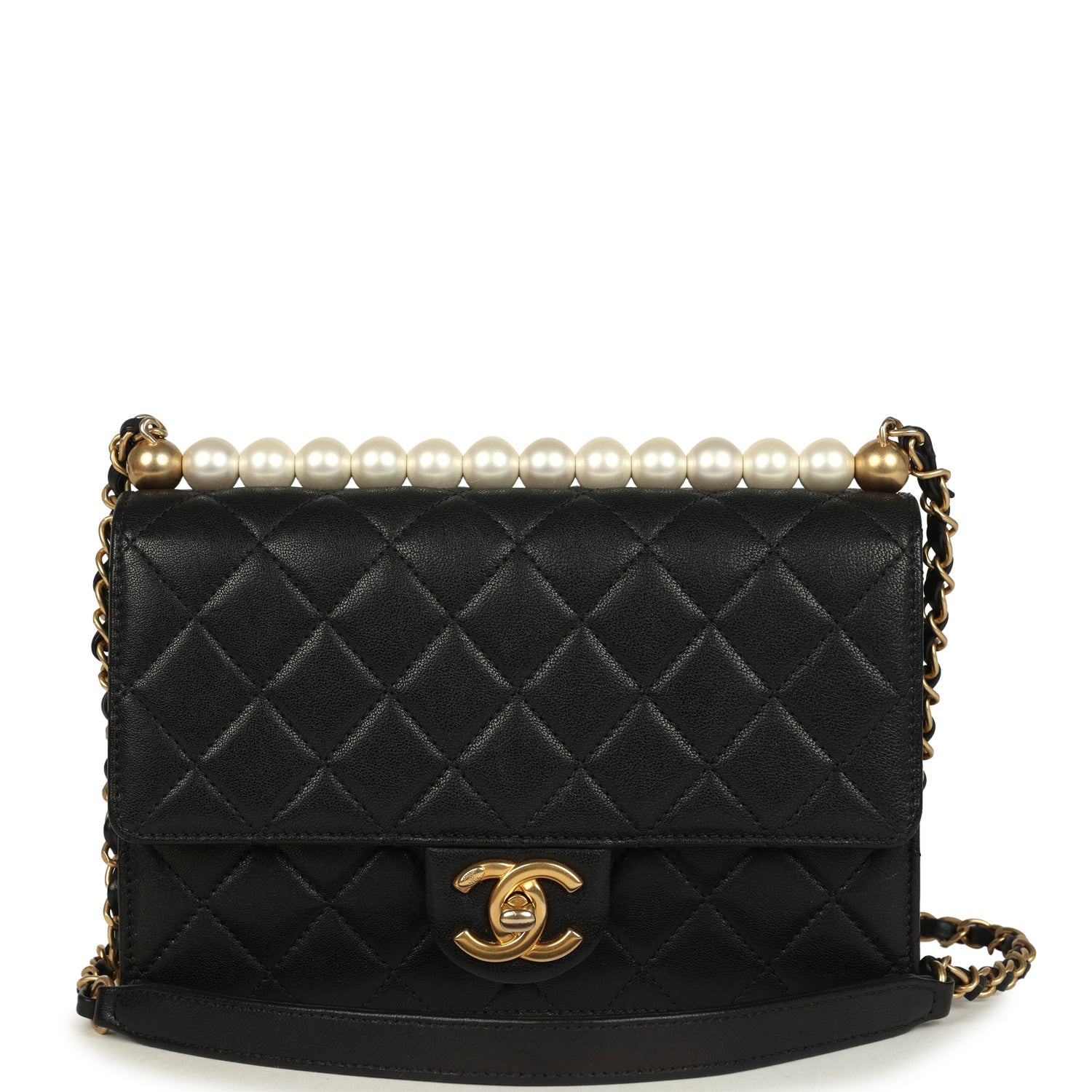 Chanel Small Chic Pearls Flap Bag Black Goatskin Antique Gold Hardware
