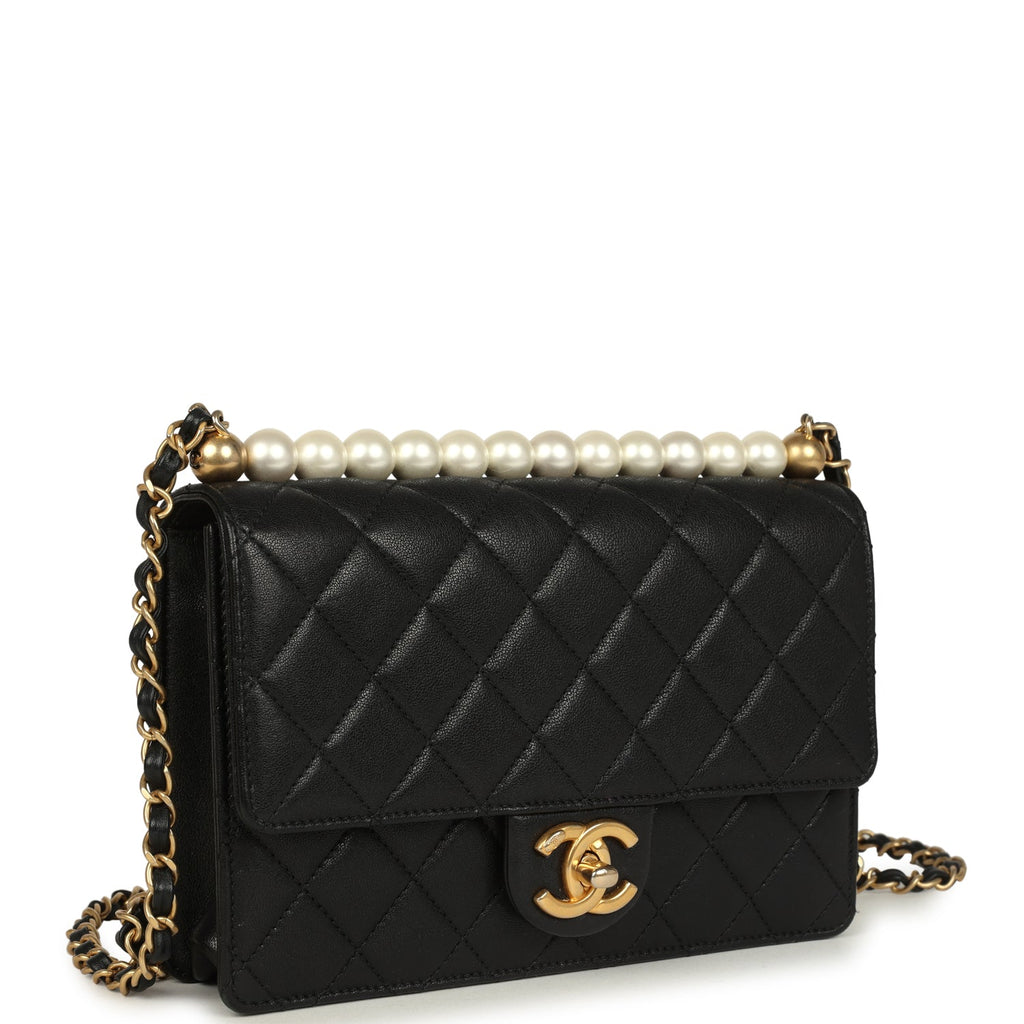 Chanel Small Chic Pearls Flap Bag Black Goatskin Antique Gold Hardware