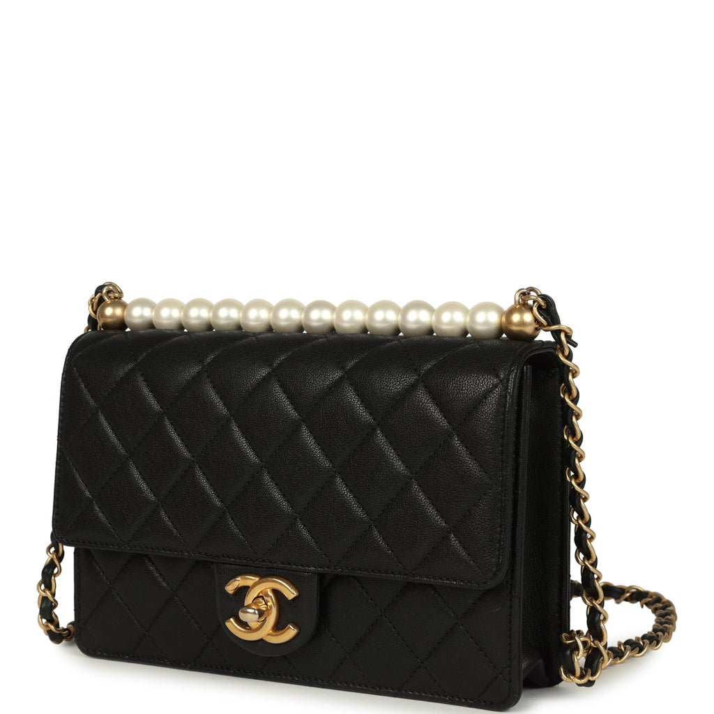 Chanel Small Chic Pearls Flap Bag Black Goatskin Antique Gold Hardware