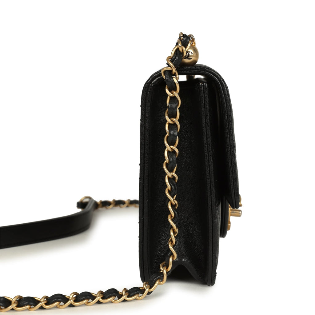 Chanel Small Chic Pearls Flap Bag Black Goatskin Antique Gold Hardware