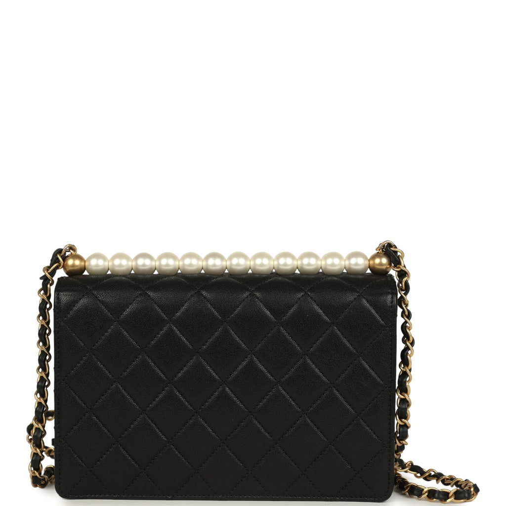 Chanel Small Chic Pearls Flap Bag Black Goatskin Antique Gold Hardware