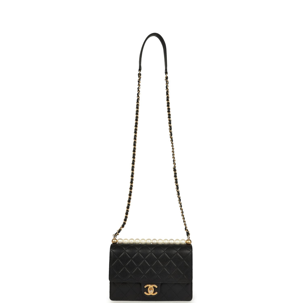 Chanel Small Chic Pearls Flap Bag Black Goatskin Antique Gold Hardware