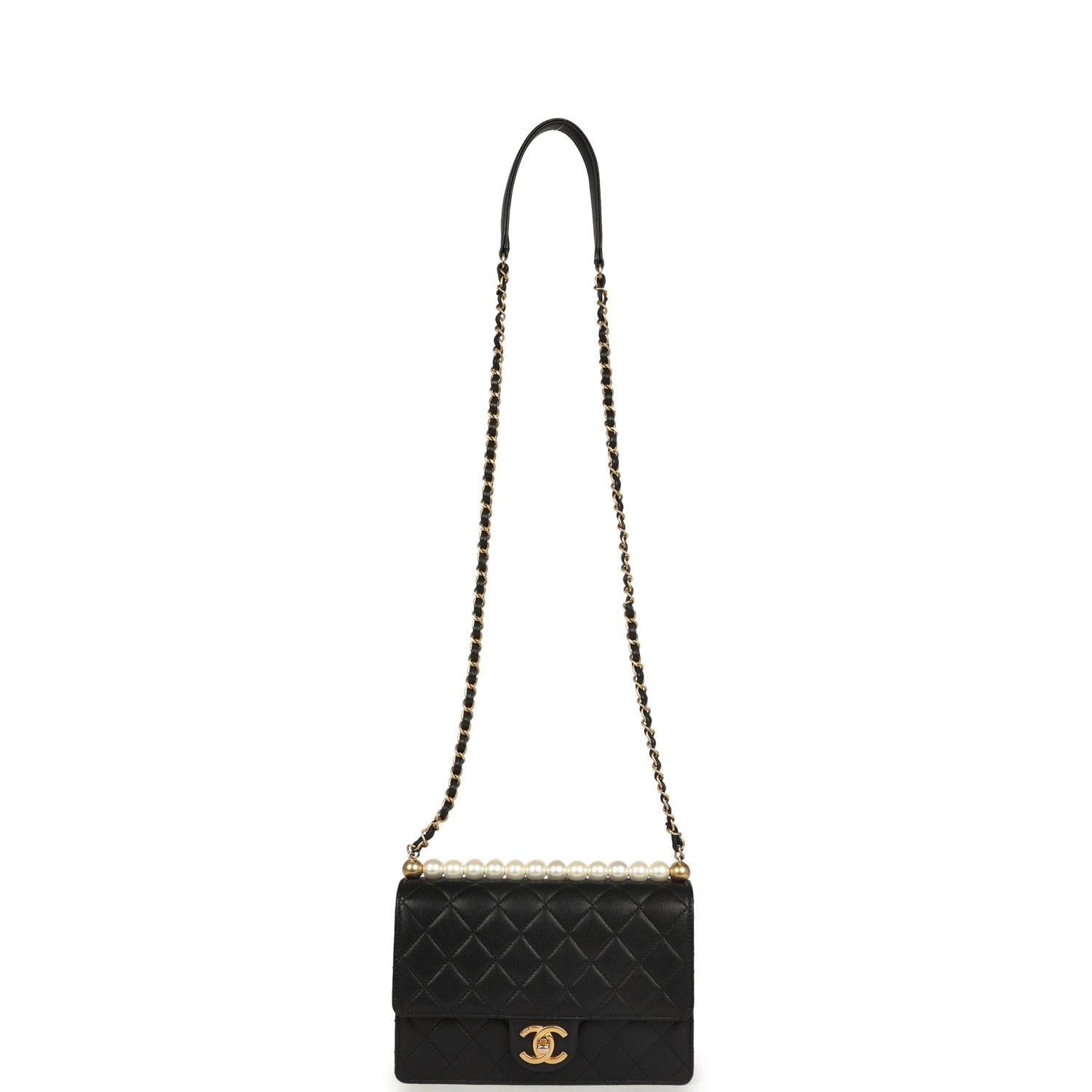 Chanel Small Chic Pearls Flap Bag Black Goatskin Antique Gold Hardware