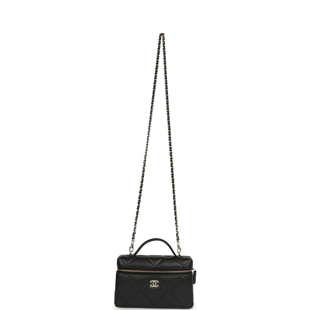 Chanel Top Handle Slim Vanity Case with Chain Black Shiny Caviar Light Gold Hardware