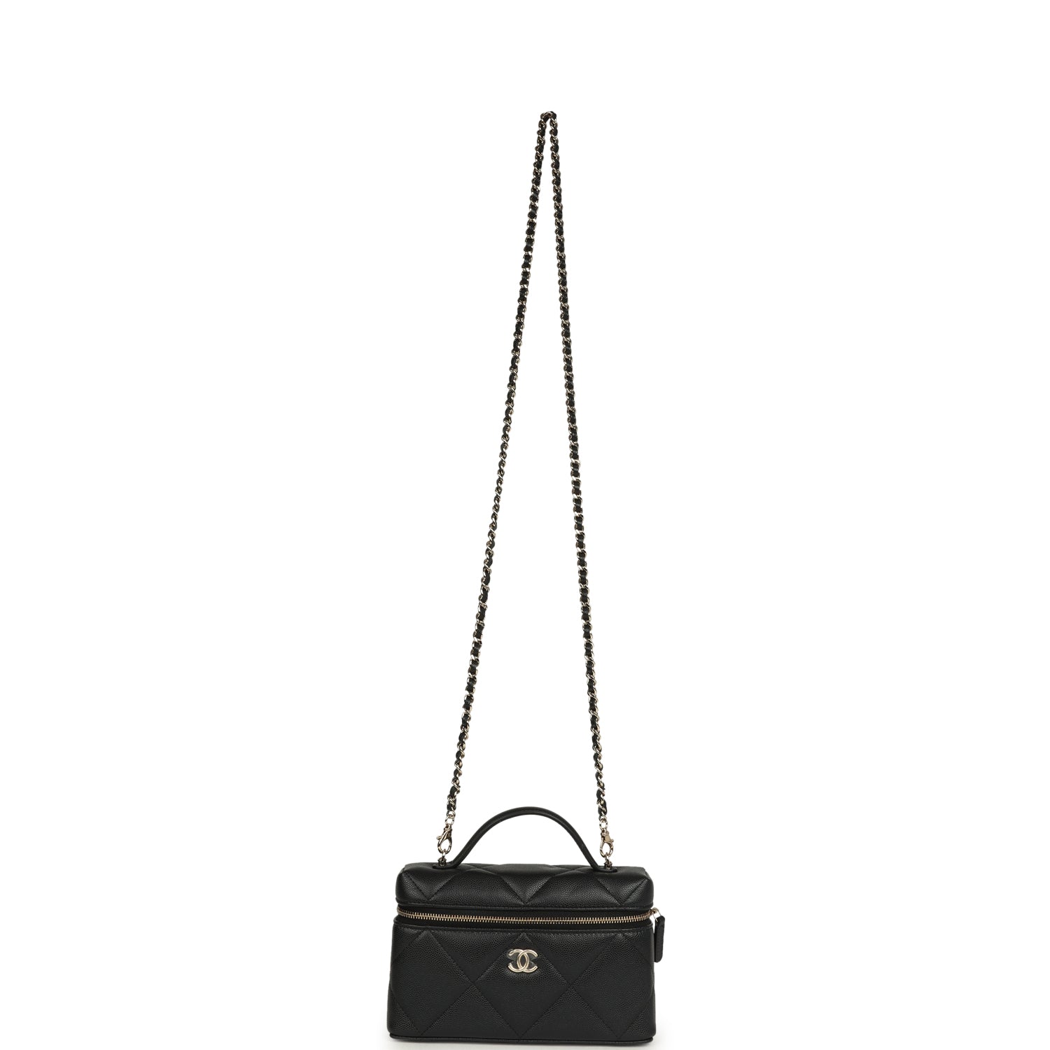 Chanel Top Handle Slim Vanity Case with Chain Black Shiny Caviar Light Gold Hardware