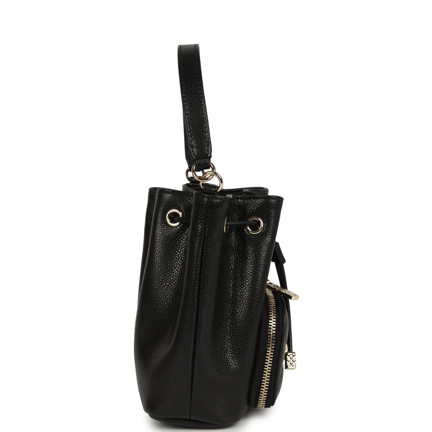 Chanel Mini Top Handle Bucket Bag with Chain Black Shiny Caviar Light Gold Hardware
