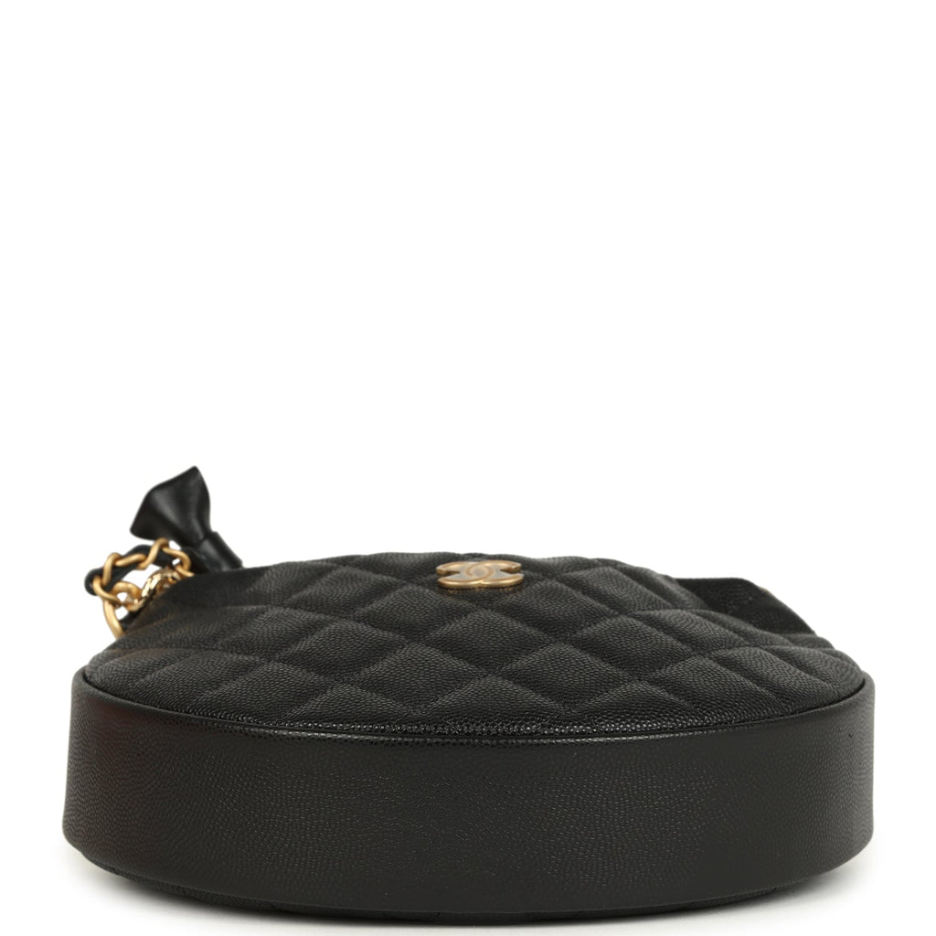 Chanel Mini Round Hobo Pouch Bag Black Shiny Caviar Mixed Metal Hardware