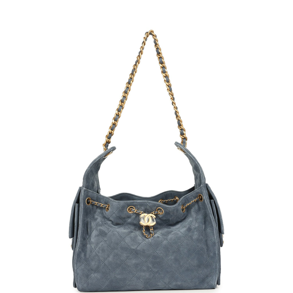 Chanel Small 25 Hobo Bag Blue Suede Antique Gold Hardware