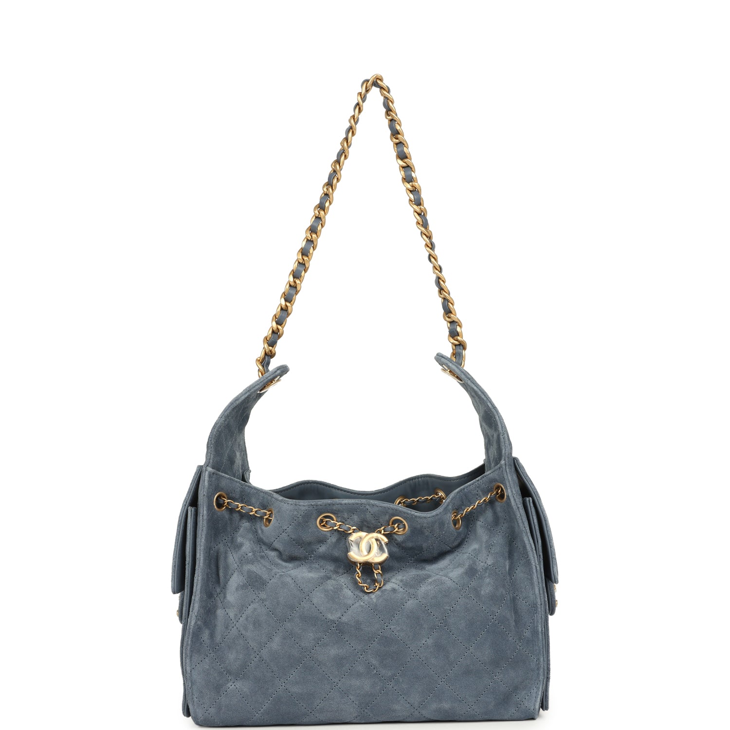 Chanel Small 25 Hobo Bag Blue Suede Antique Gold Hardware