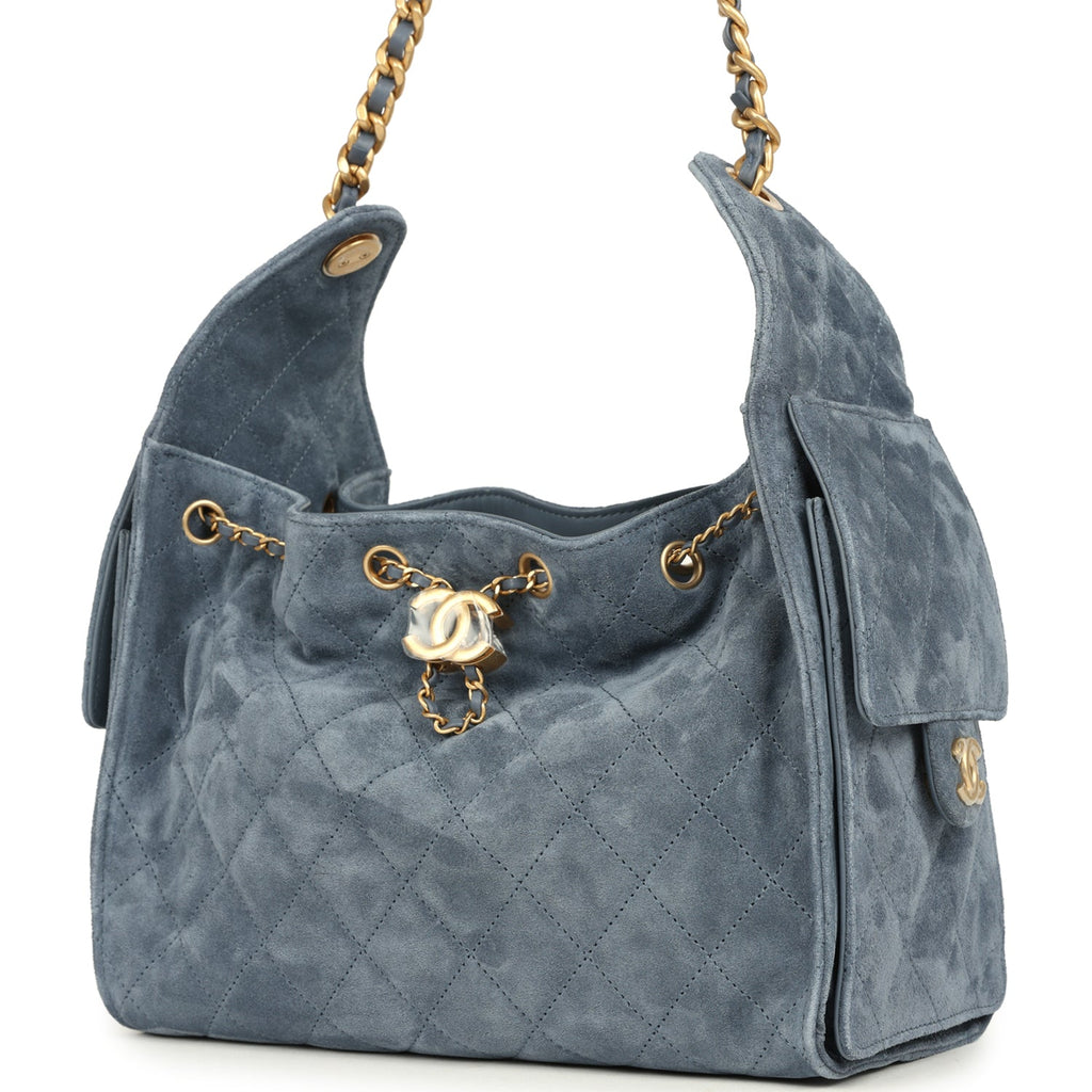 Chanel Small 25 Hobo Bag Blue Suede Antique Gold Hardware