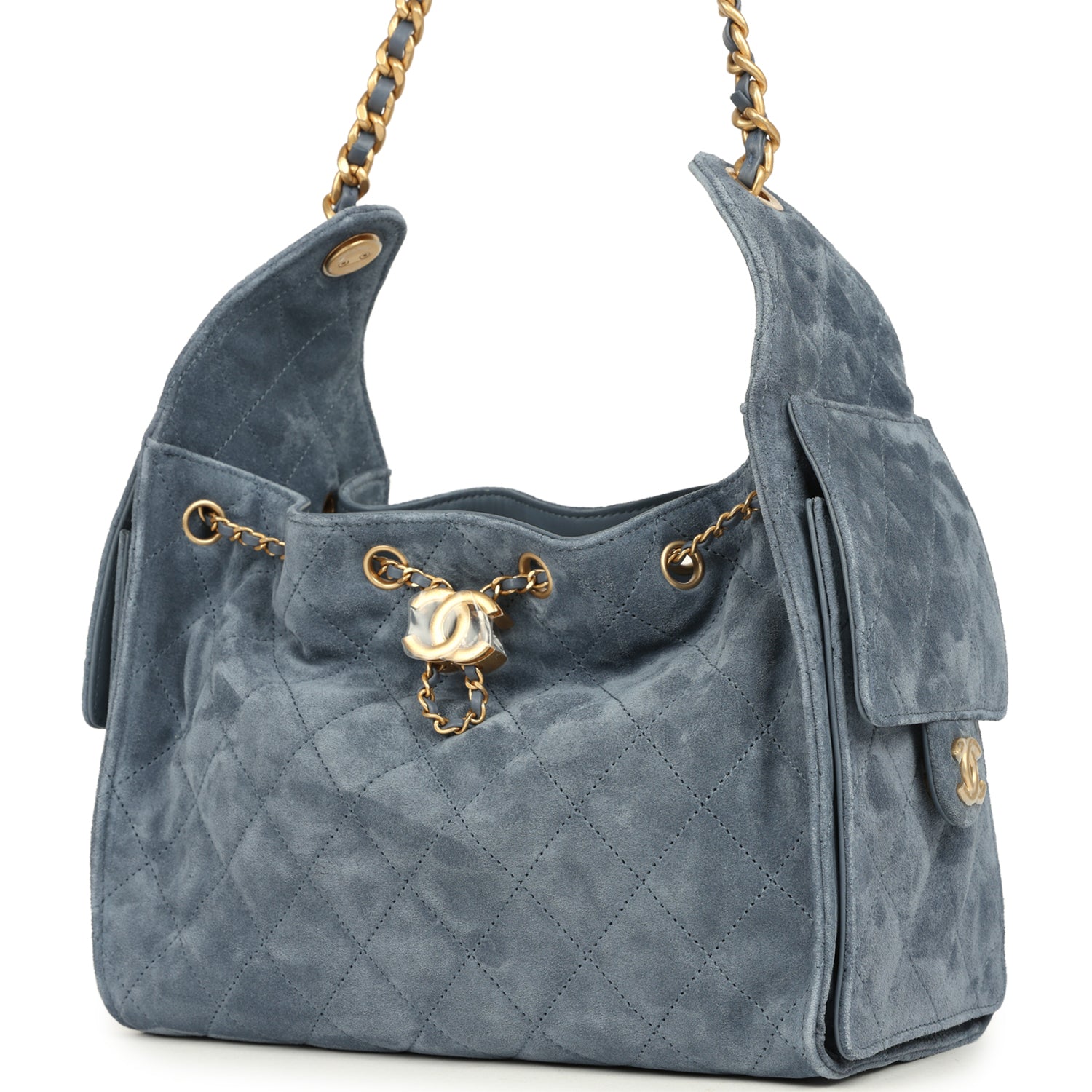 Chanel Small 25 Hobo Bag Blue Suede Antique Gold Hardware