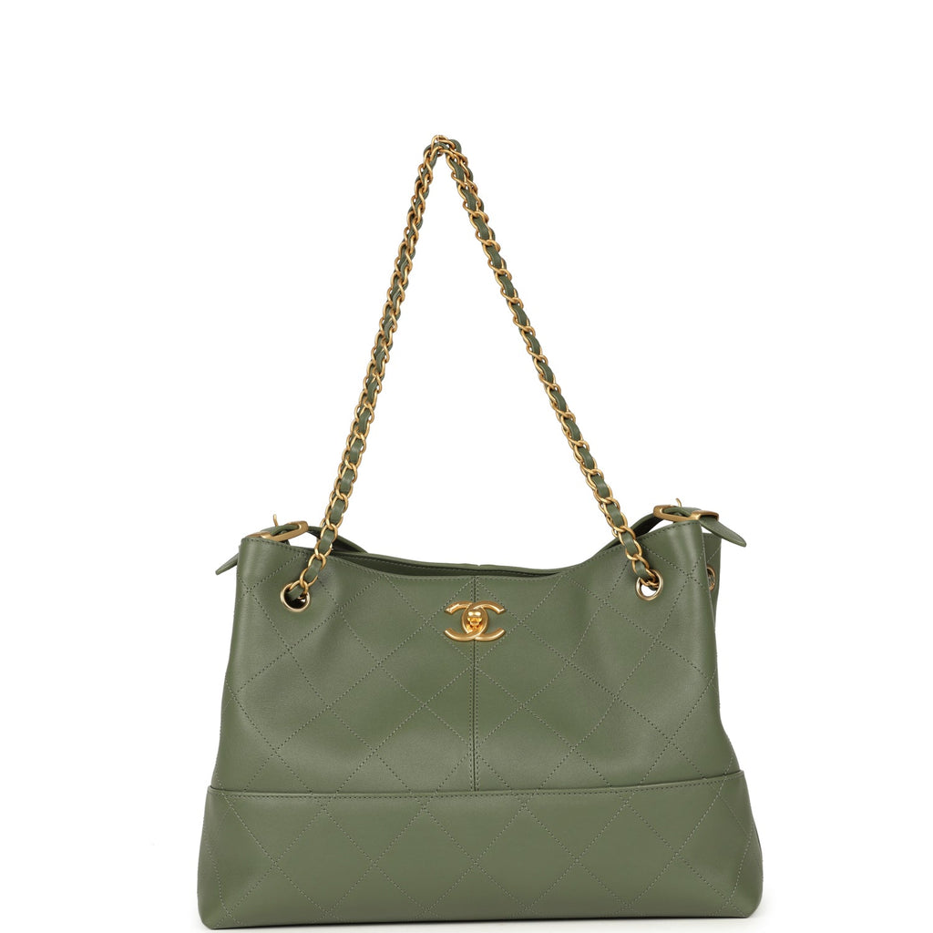 Chanel Small Coco Hobo Bag Khaki Calfskin Antique Gold Hardware