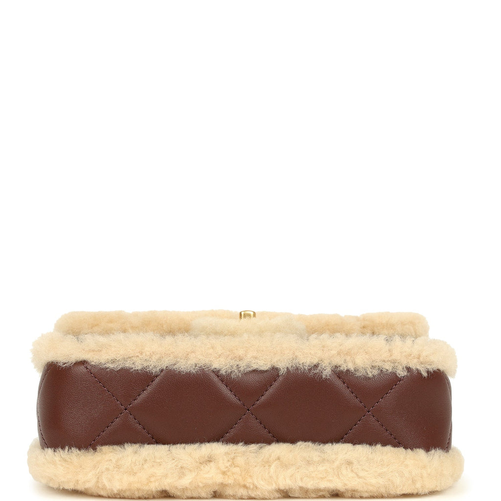 Chanel Mini Shearling Flap Bag Brown Lambskin Brushed Gold Hardware