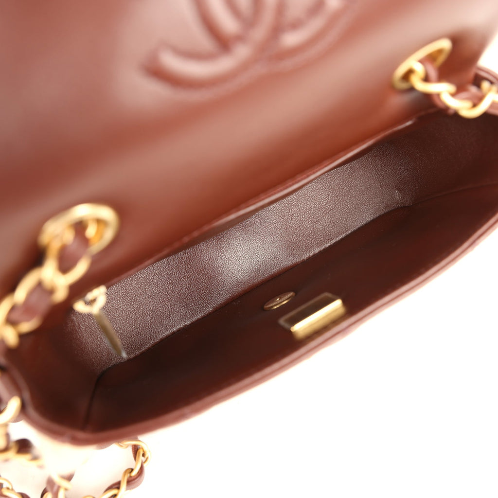 Chanel Mini Shearling Flap Bag Brown Lambskin Brushed Gold Hardware