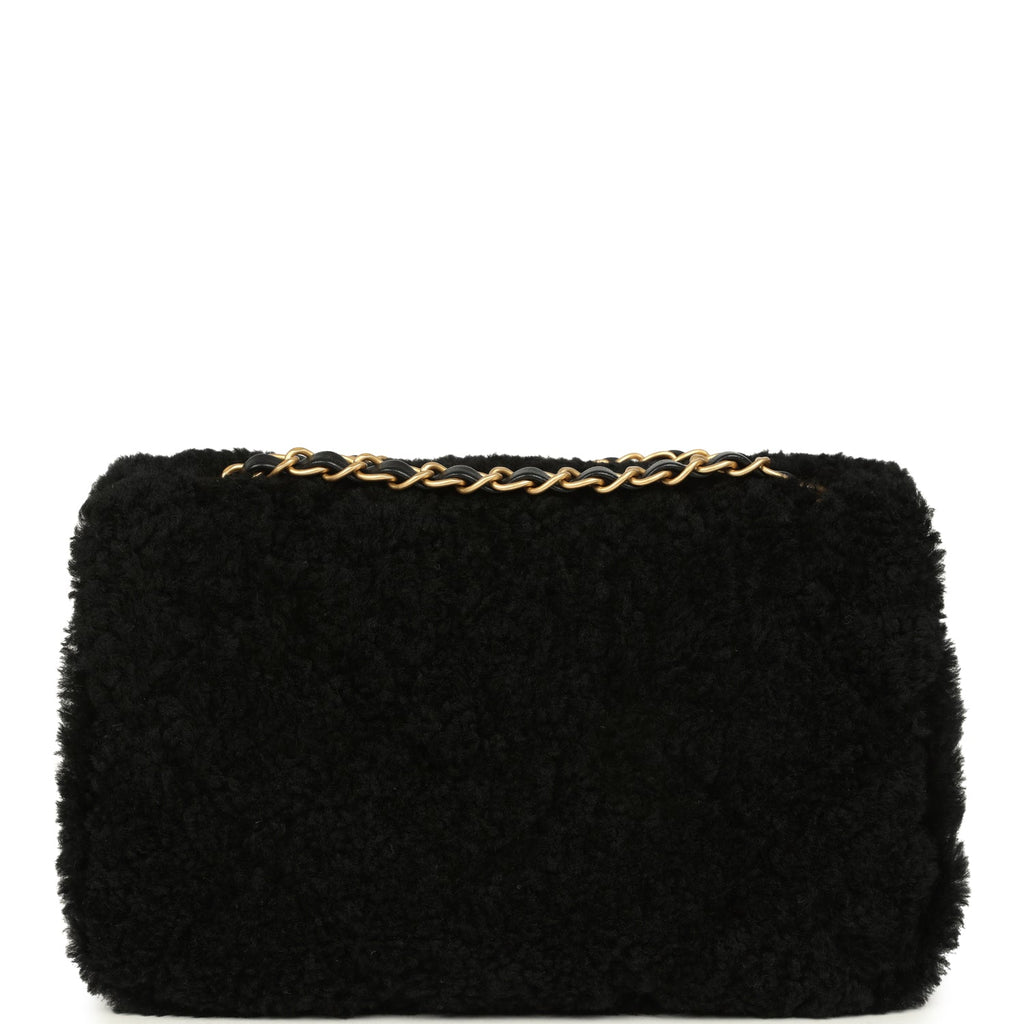 Chanel Medium Shearling Flap Bag Black Lambskin Brushed Gold Hardware