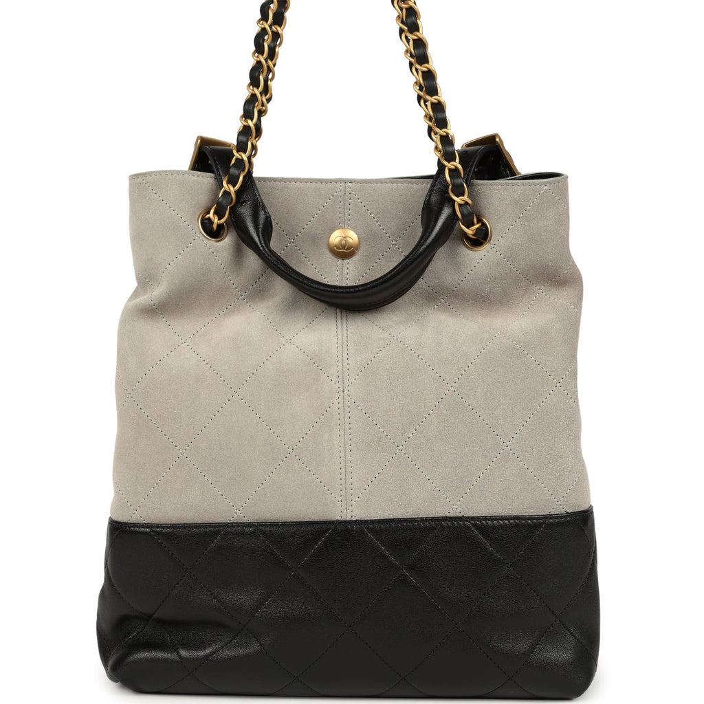 Chanel Coco Shopping Bag Dark Grey Suede and Black Shiny Lambskin Brushed Gold Hardware