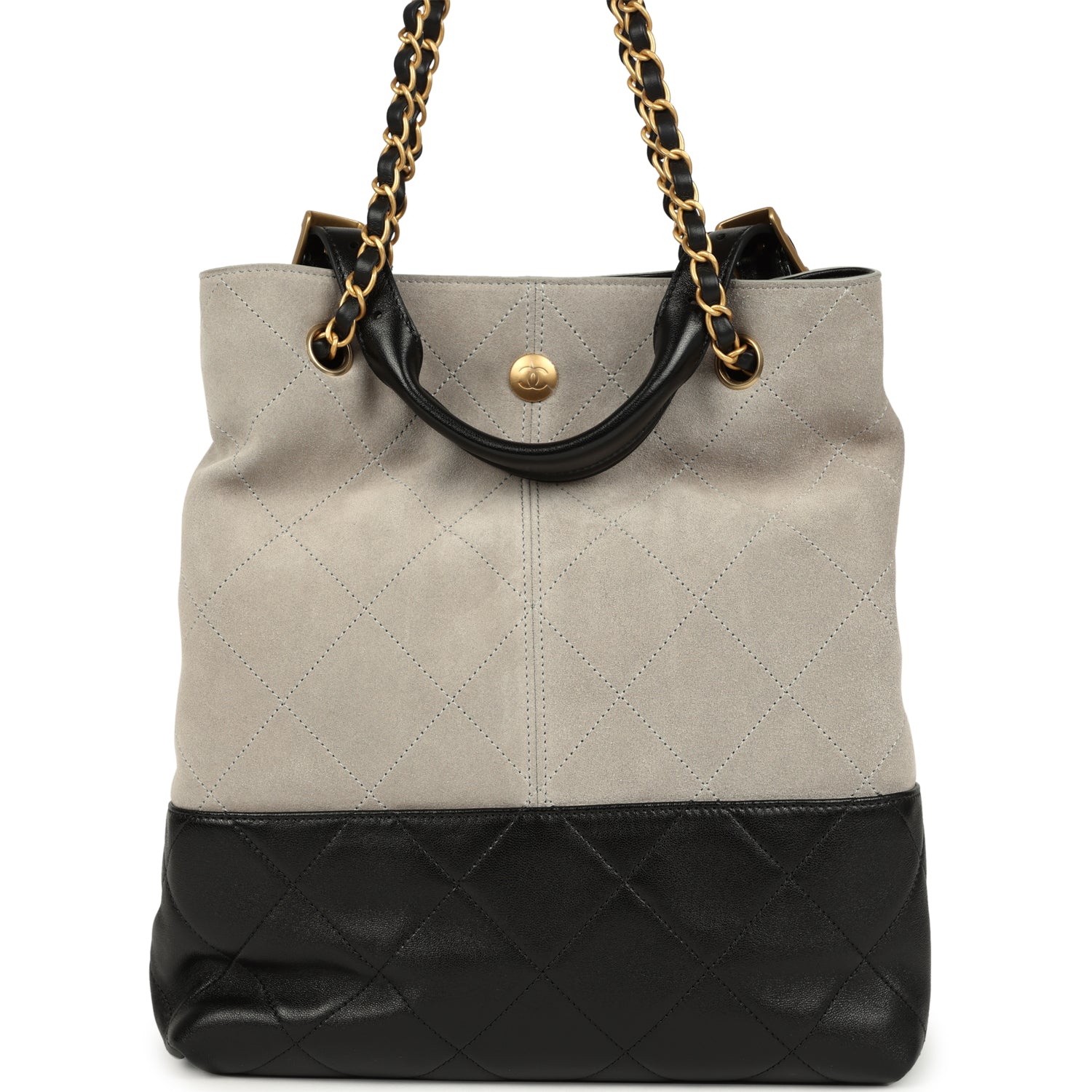 Chanel Coco Shopping Bag Dark Grey Suede and Black Shiny Lambskin Brushed Gold Hardware