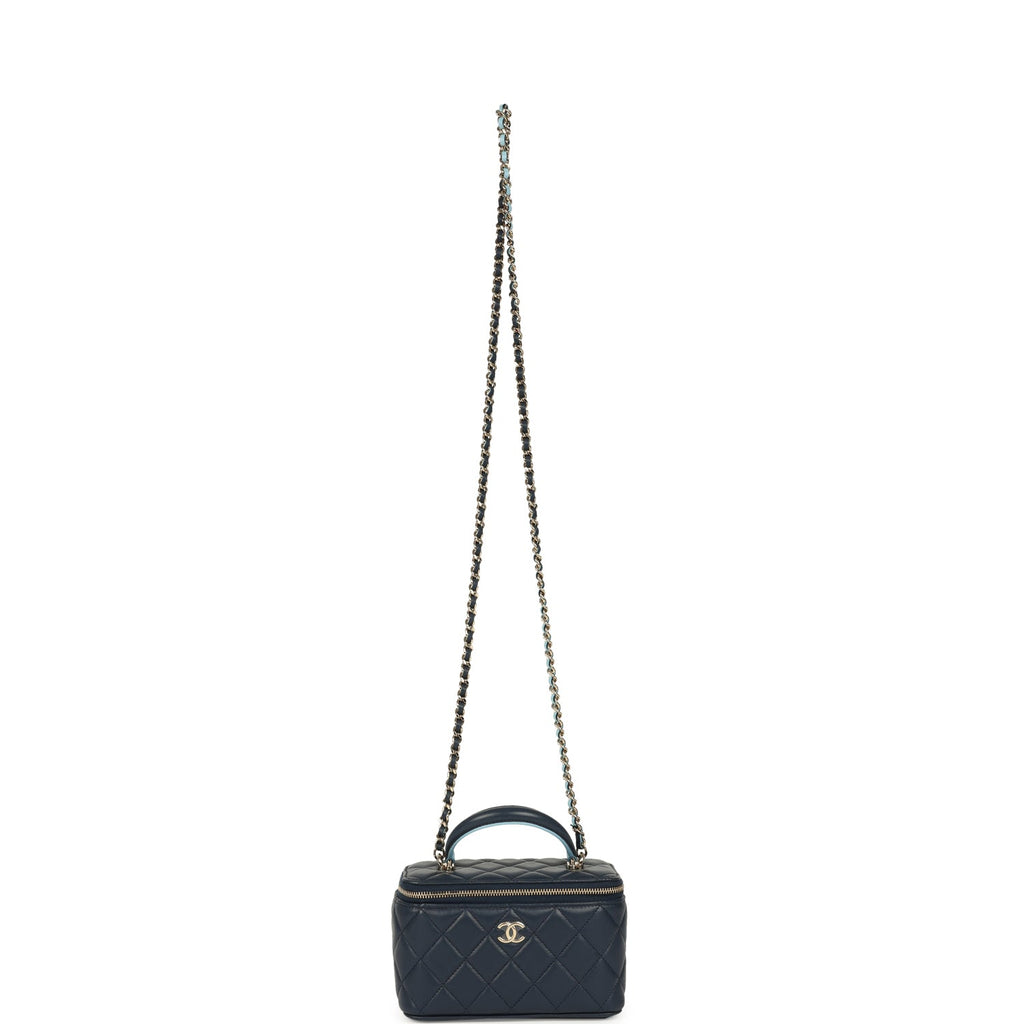 Chanel Small Top Handle Vanity Case Navy & Light Blue Lambskin Light Gold Hardware